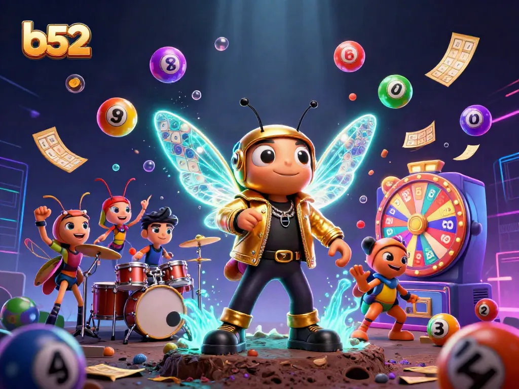 Experience the b52 excitement with a vibrant 3D casino-themed scene showcasing dynamic lottery elements and lively characters.