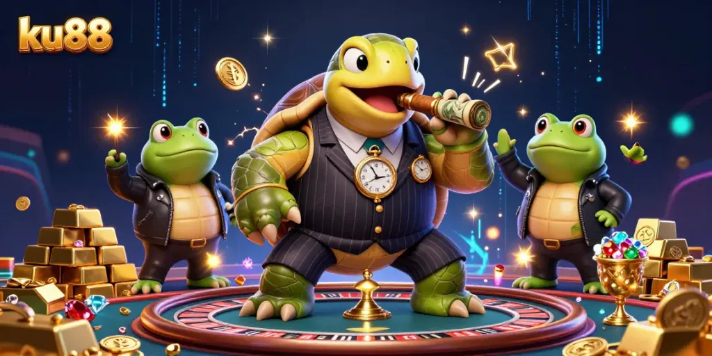 Experience winning with ku88 at this vibrant casino scene featuring dynamic characters and sparkling treasures.