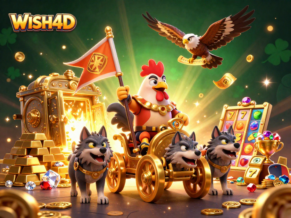 Engage in thrilling gameplay with WISH4D's rooster warlord in a vibrant casino scene.
