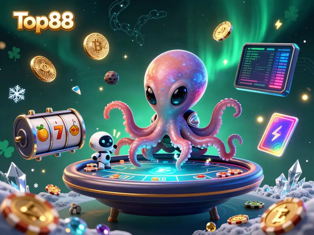 Engage with Top88 casino games through dynamic 3D visuals of a colorful slot machine scene.