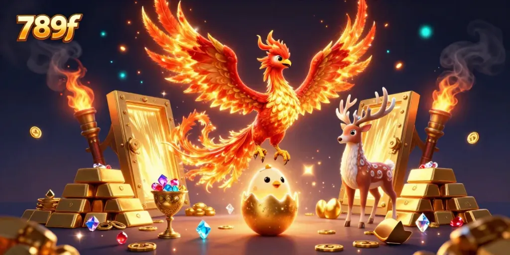 Experience the thrilling world of 789f as the phoenix soars amidst golden treasures in this casino-themed illustration.