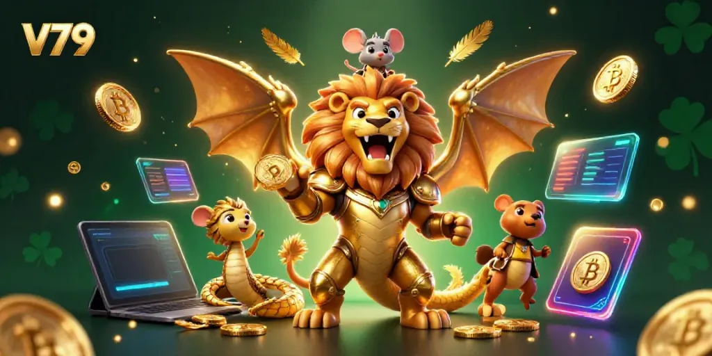 Experience the thrilling action at v79 with a chimera creature and crypto elements in a vibrant casino scene.