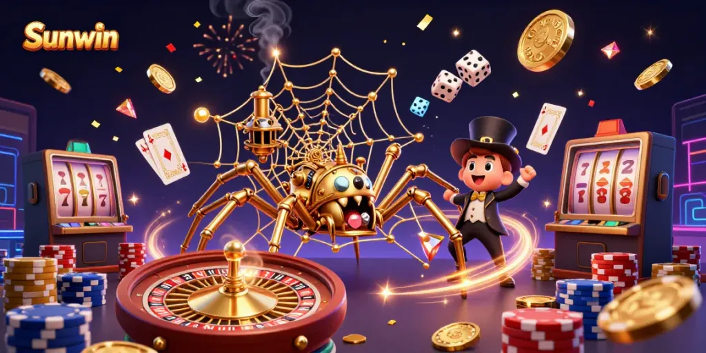 Engaging illustration showcasing Sunwin's vibrant casino atmosphere with a playful spider and golden elements.