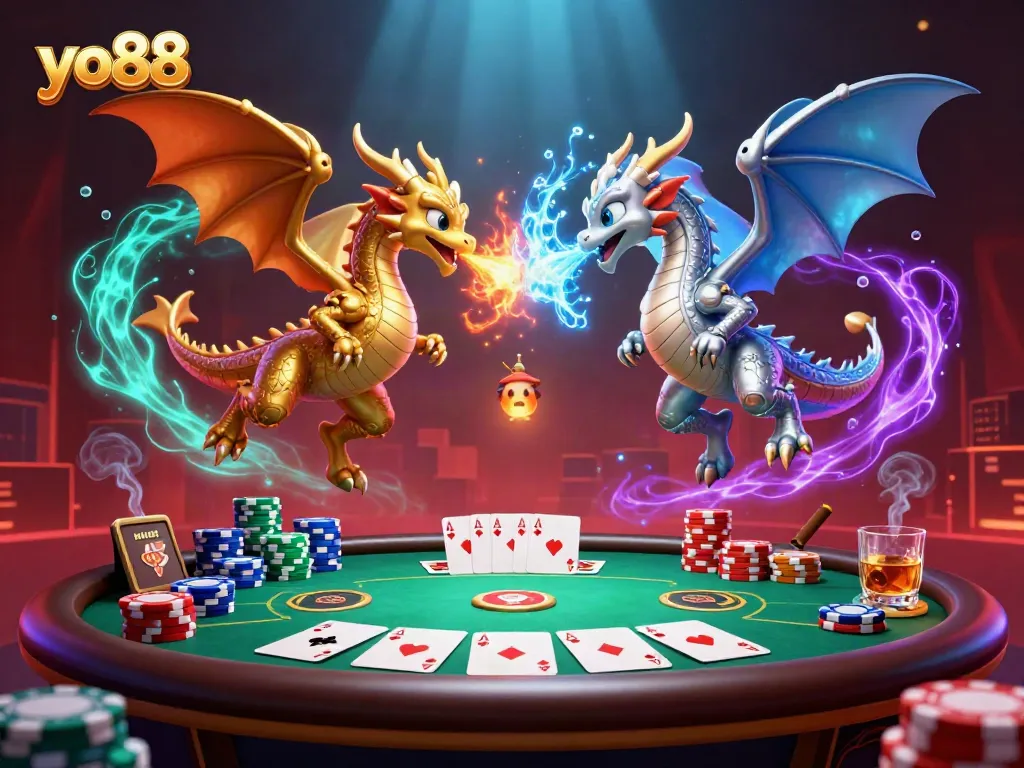 Gamblers dive into action at yo88 with twin dragons battling fire and ice over a poker table.