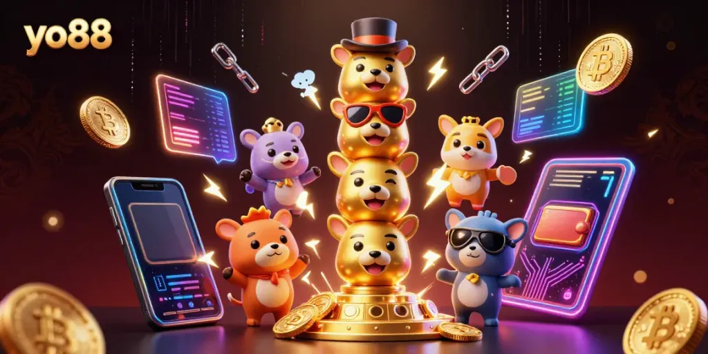 Experience the thrill of yo88 with vibrant 3D casino-inspired art, featuring lively totem pole characters.