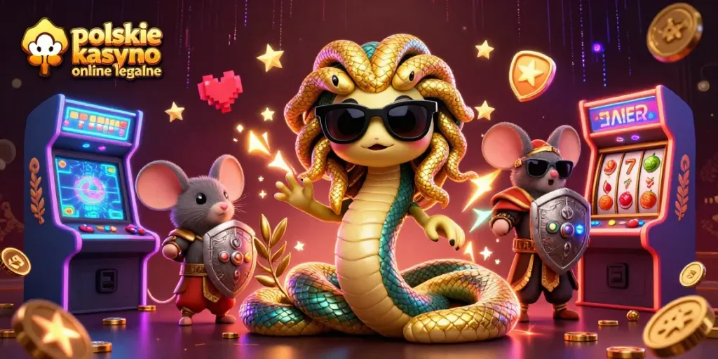 Experience the excitement of polskie kasyno online legalne with Medusa and her friends amid dynamic casino elements.