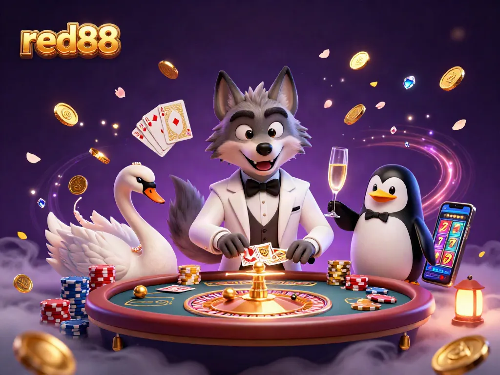 Play at red88's dynamic casino scene with a wolf, swan, and penguin amidst cascading coins.