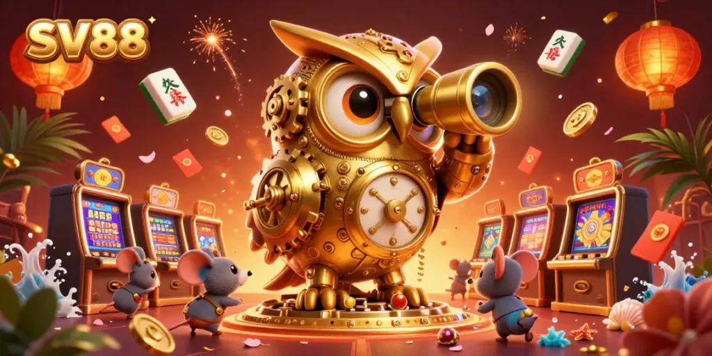 Engage with SV88's vibrant casino experience featuring a clockwork owl and animated mice patrons in a richly detailed scene.