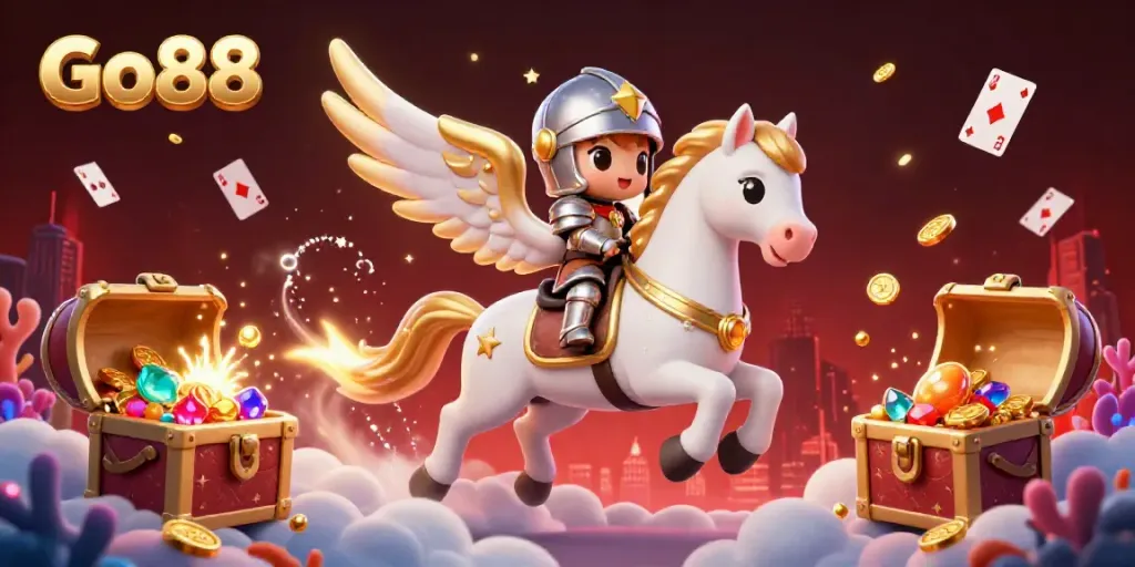 Experience thrilling gameplay with Go88's celestial knight and treasures in an immersive casino scene.