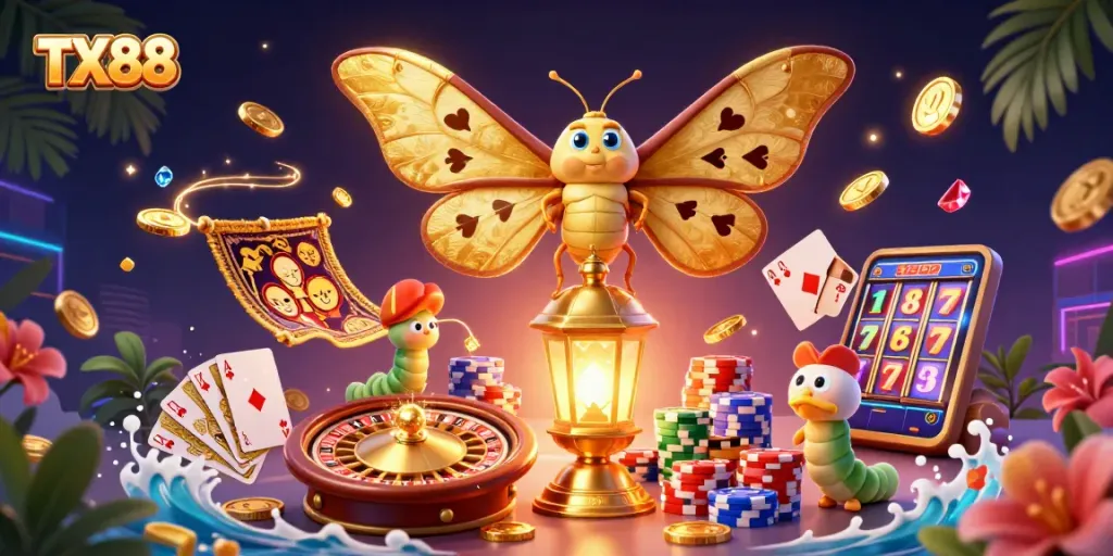 Experience thrilling gaming action at TX88 with vibrant casino elements and dynamic characters.