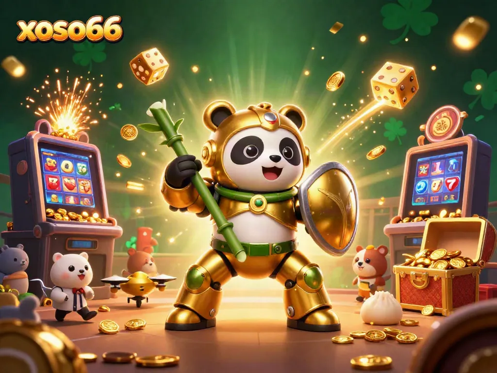 Experience exciting wins at xoso66 with a playful casino scene featuring a golden panda and dynamic game elements.