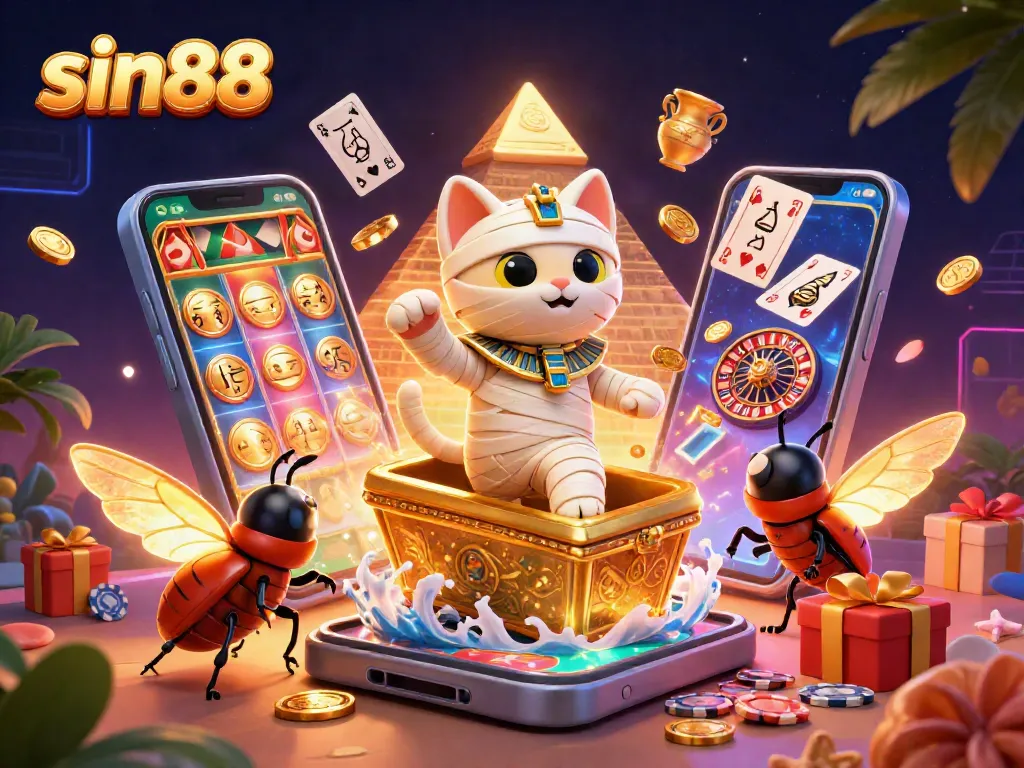 Engage in thrilling gameplay at sin88, where the cat bursts from the sarcophagus, revealing casino excitement.