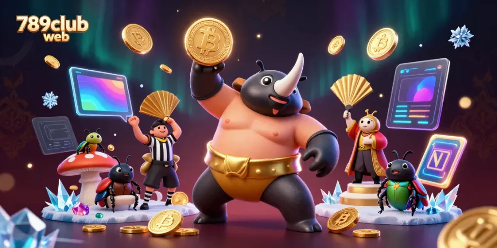 Experience thrilling moments with 789club web featuring a dynamic 3D illustration of a beetle sumo champion in action.
