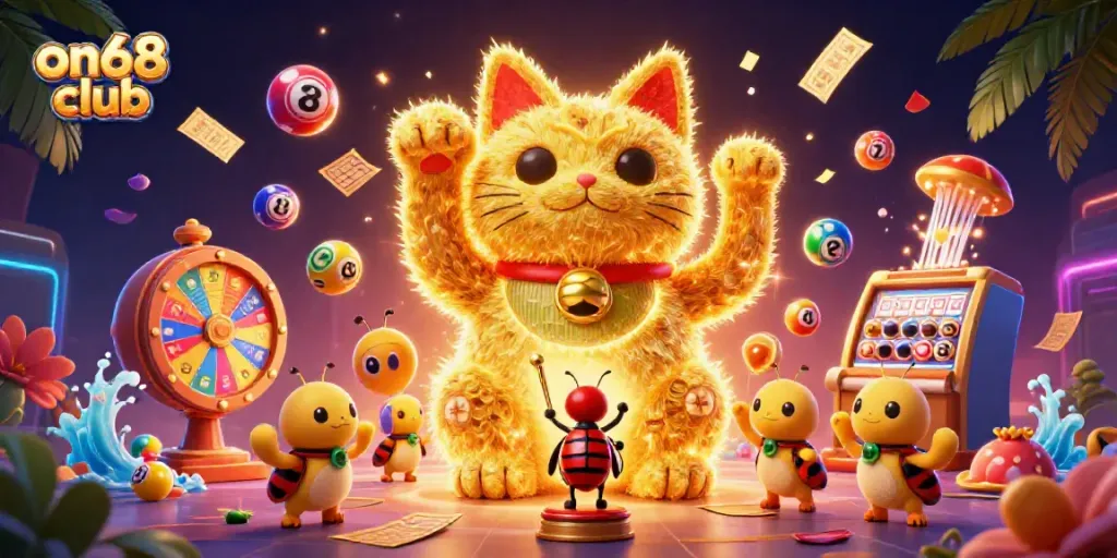 Experience the vibrant gaming excitement at on68 club with a lucky cat surrounded by casino symbols.