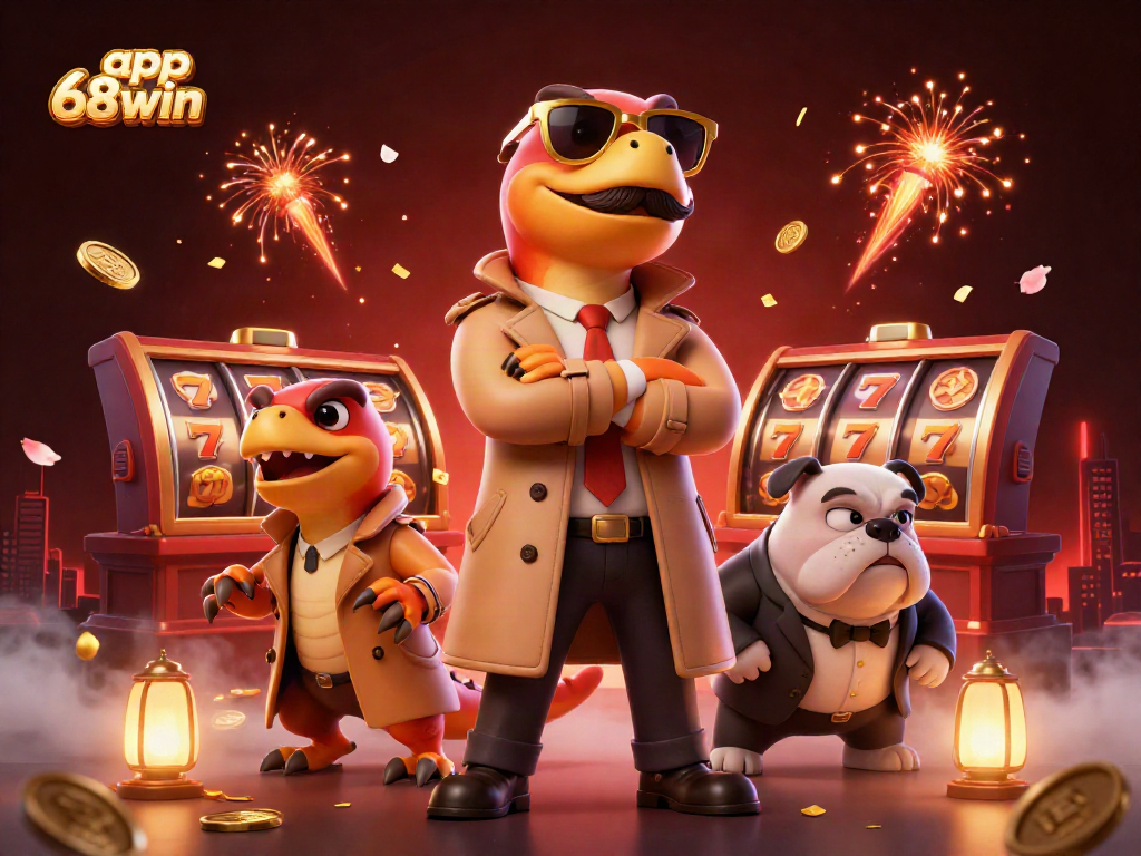 Engage with app 68win featuring raptors in a trench coat entering a casino with vibrant gaming elements.