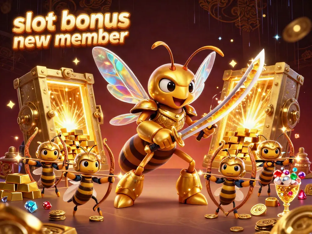 Engaging slot bonus new member visual with a samurai hornet and bee archers in a glittering treasure setting.