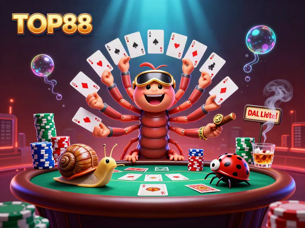 TOP88 casino illustration with a millipede dealer and gaming elements showcasing excitement