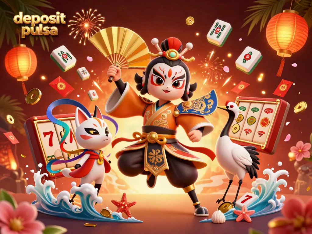Experience the thrill of deposit pulsa as a kabuki warrior cranes amidst a vibrant casino scene.