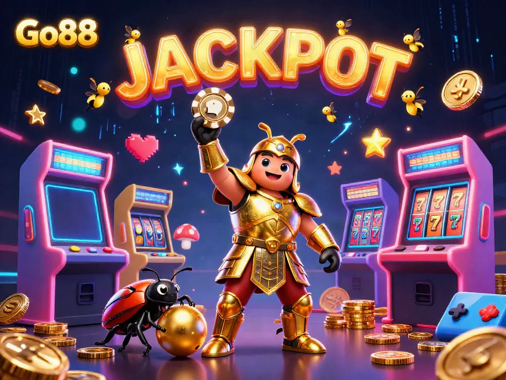 Engage in exciting slot gameplay at Go88 with a vibrant 3D illustration showcasing a heroic beetle lifting a poker chip.