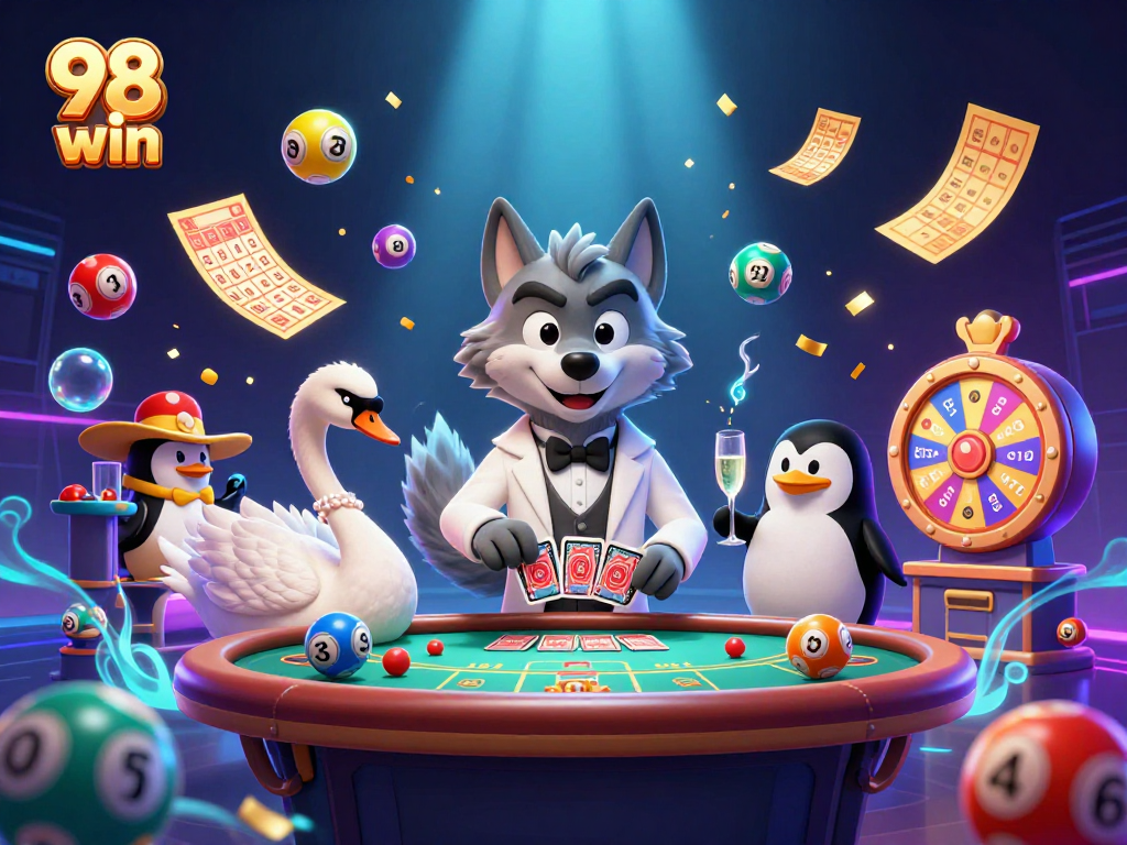 Experience thrilling gameplay at 98 win while winning with exciting lottery elements and animated casino characters.