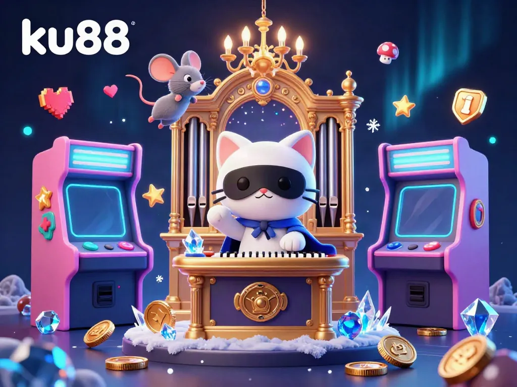 Engage with the vibrant ku88 casino scene featuring a charming cat at an ornate organ with animated gaming elements.