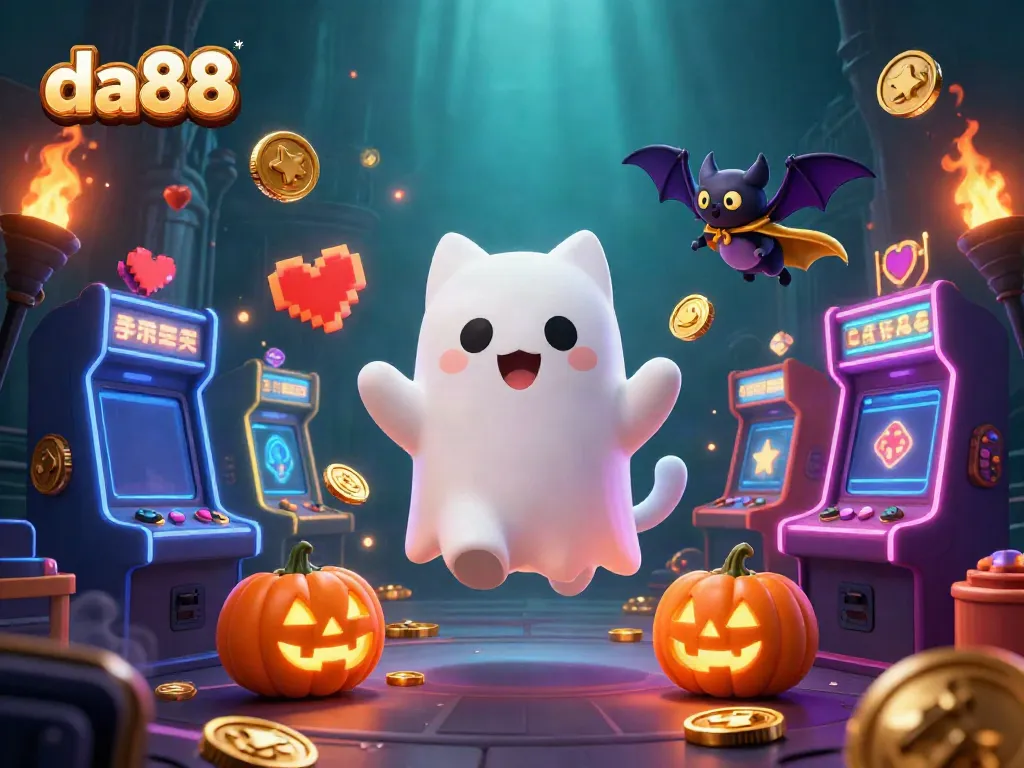 Experience da88's thrilling adventures in a magical casino with a friendly ghost cat and bat companion.