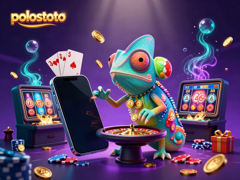 Experience the excitement of Polostoto with a colorful chameleon casino owner amidst vibrant slot games and gold coins erupting.