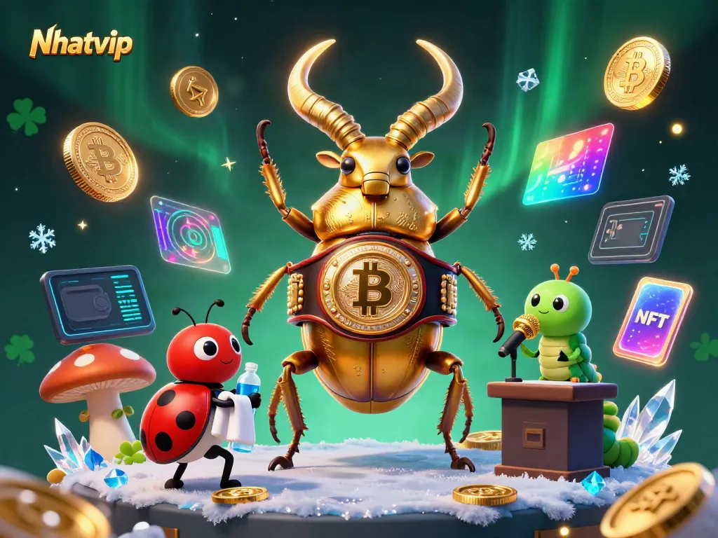 Nhatvip promotional illustration featuring a golden stag beetle and game elements highlighting online gambling excitement.