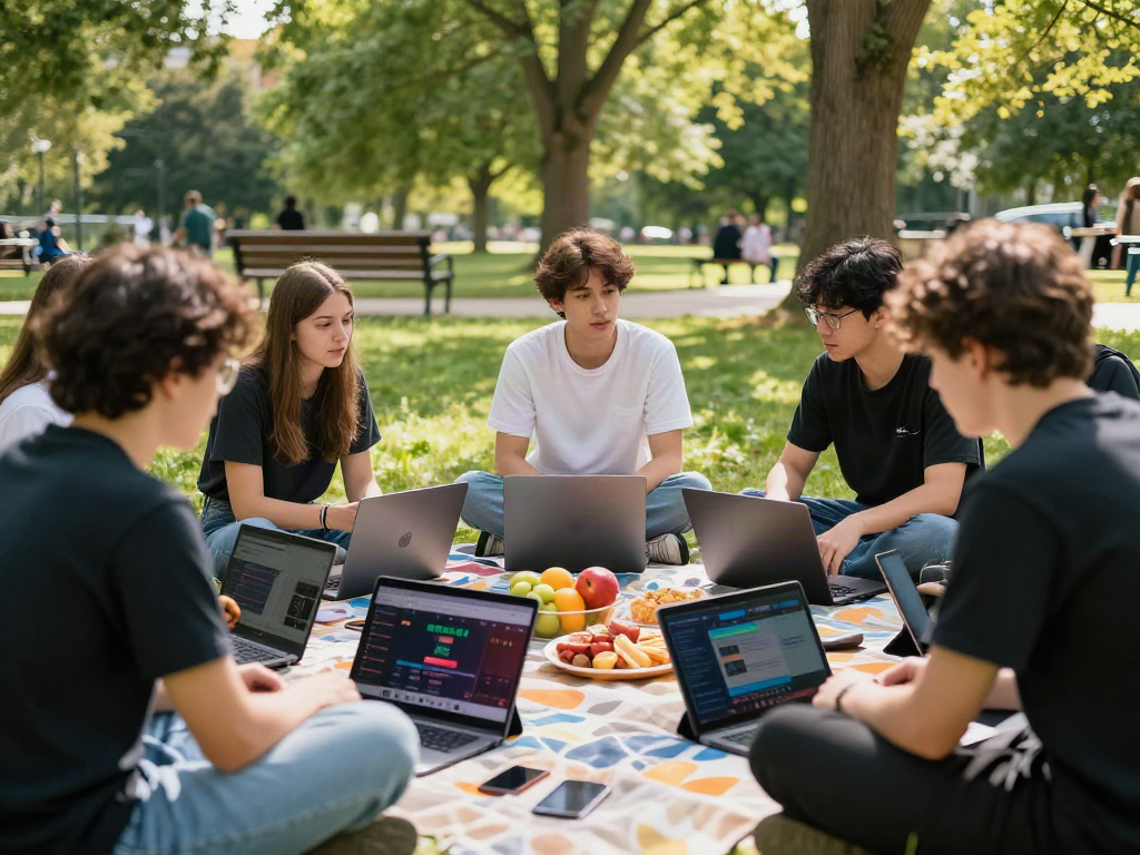 Engaged group discussing 먹튀스팟 while enjoying a sunny picnic in the park, showcasing community and gaming safety strategies.