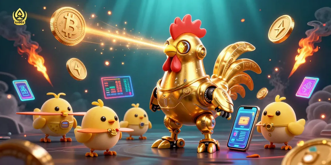 Engage with ku88z's vibrant 3D casino illustration featuring a golden rooster robot amidst crypto elements.