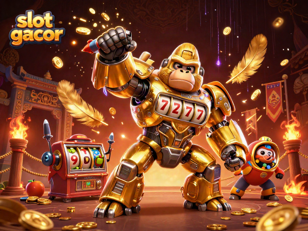 Engage with slot gacor gameplay featuring a mechanical gorilla mech and dynamic casino elements.