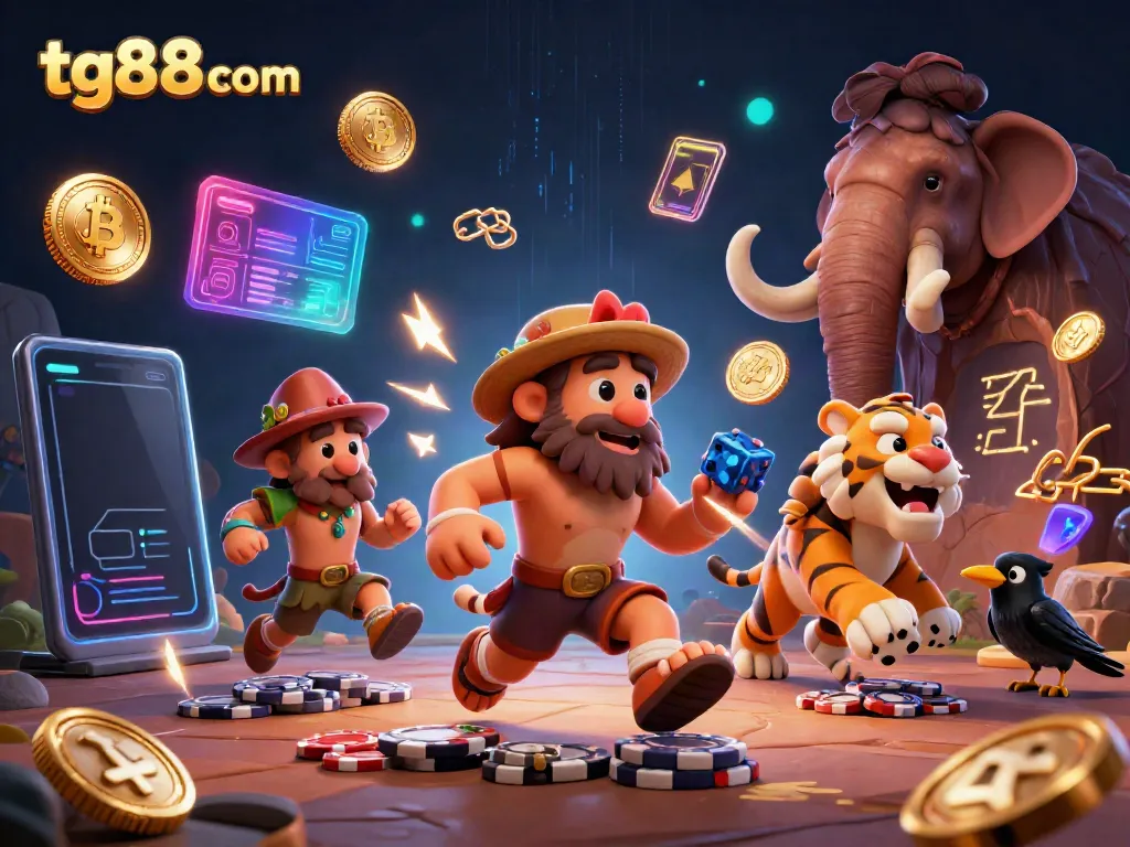 Engage with tg88 com at this vibrant prehistoric casino scene featuring 3D characters and crypto elements.