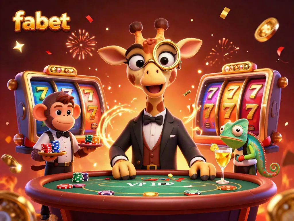 Experience the thrill of fabet with a high-roller giraffe at a poker table amidst vibrant casino elements.