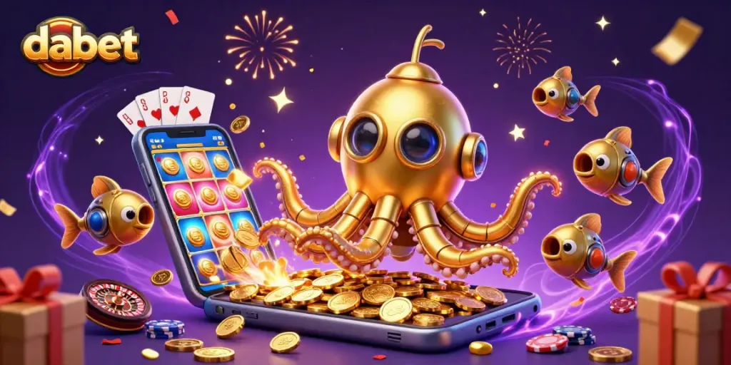 Experience thrilling gaming action with DABET's vibrant casino illustration featuring a kraken submarine.