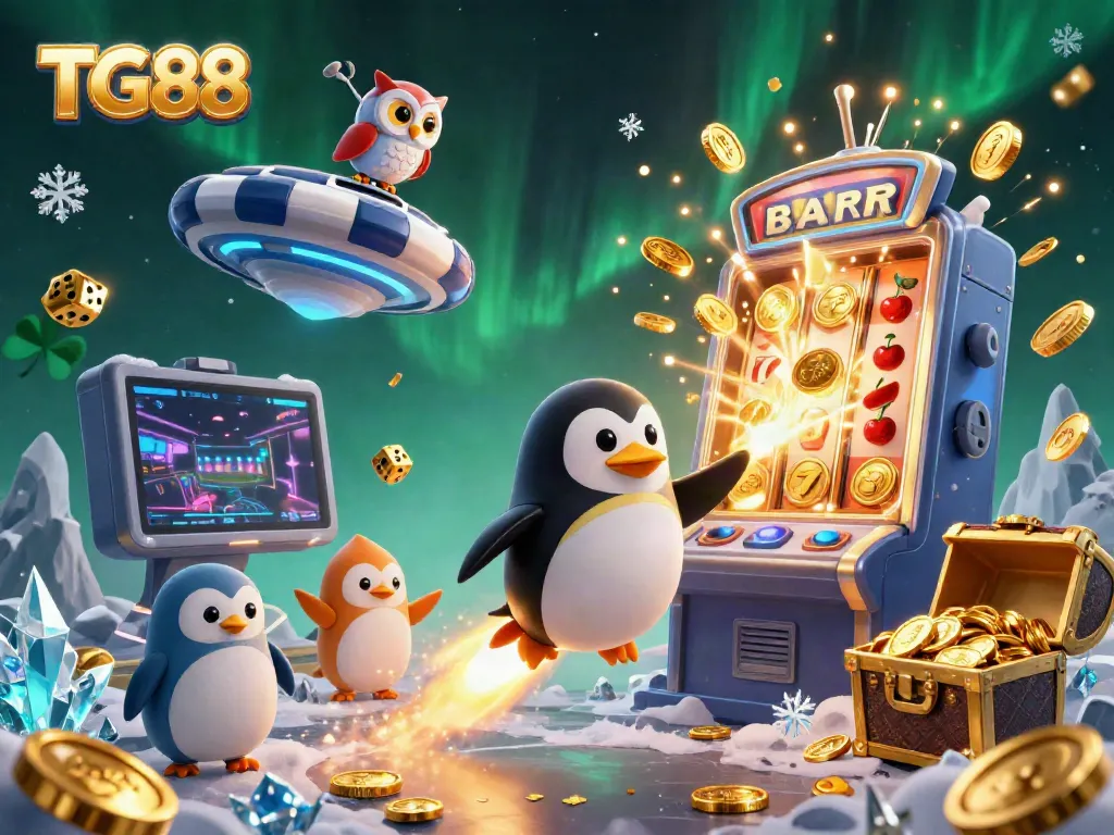 Experience the thrill of TG88 with a 3D cartoon penguin journeying through casino stars, amidst explosive jackpots.
