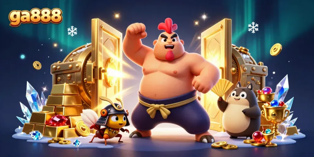 Engage with ga888's dynamic gaming scene featuring lively rooster and cricket characters amid lavish treasures.