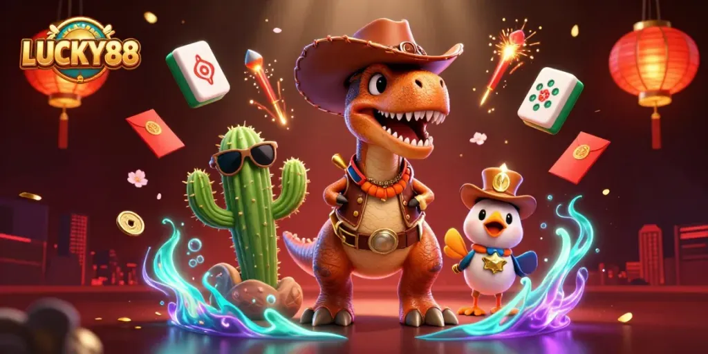 Immerse in LUCKY88's vibrant casino world featuring a cartoon dinosaur, cactus, and roadrunner.