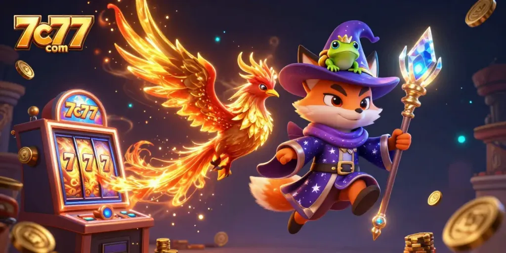 Engage with 7c77 com's exciting online casino scene with a mystical wizard and phoenix.