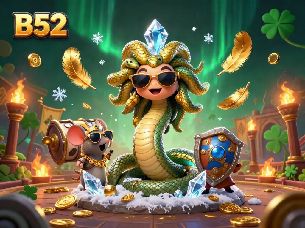Engage in thrilling spins at B52 casino featuring a whimsical Medusa and warrior in a vibrant gaming arena.