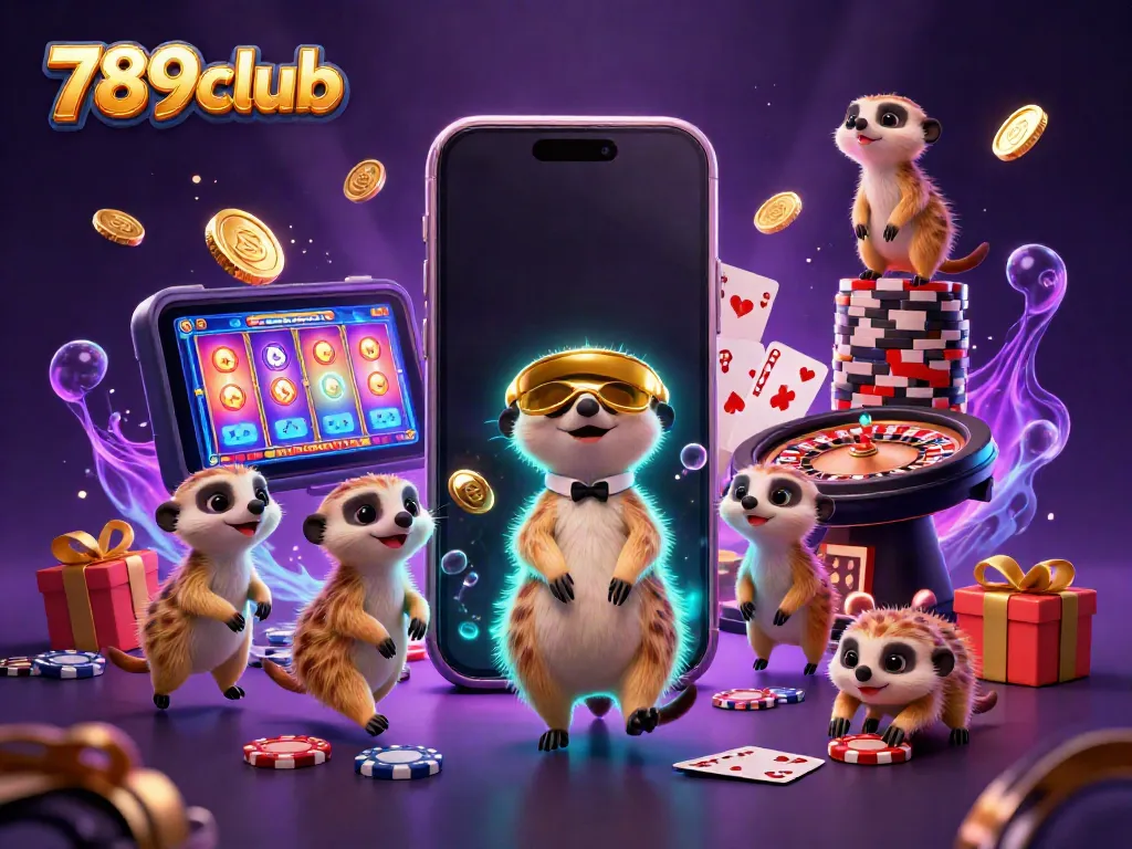 Engage in thrilling games at 789club with meerkats running a vibrant casino, showcasing colorful slots and dynamic excitement.