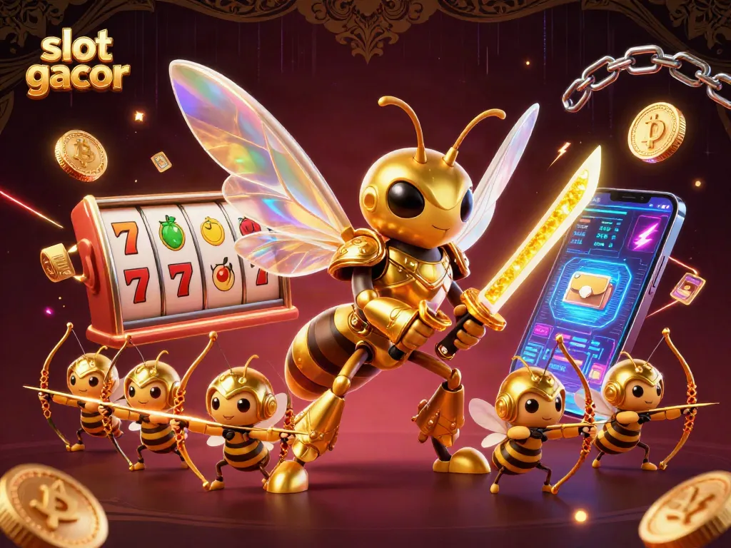 Spin and win with vibrant slot gacor features, showcasing a dynamic golden hornet in action.