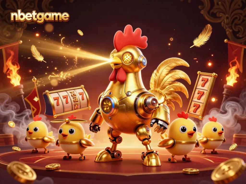 Win big with nbetgame as a golden rooster robot and baby chick drones celebrate thrilling casino action!