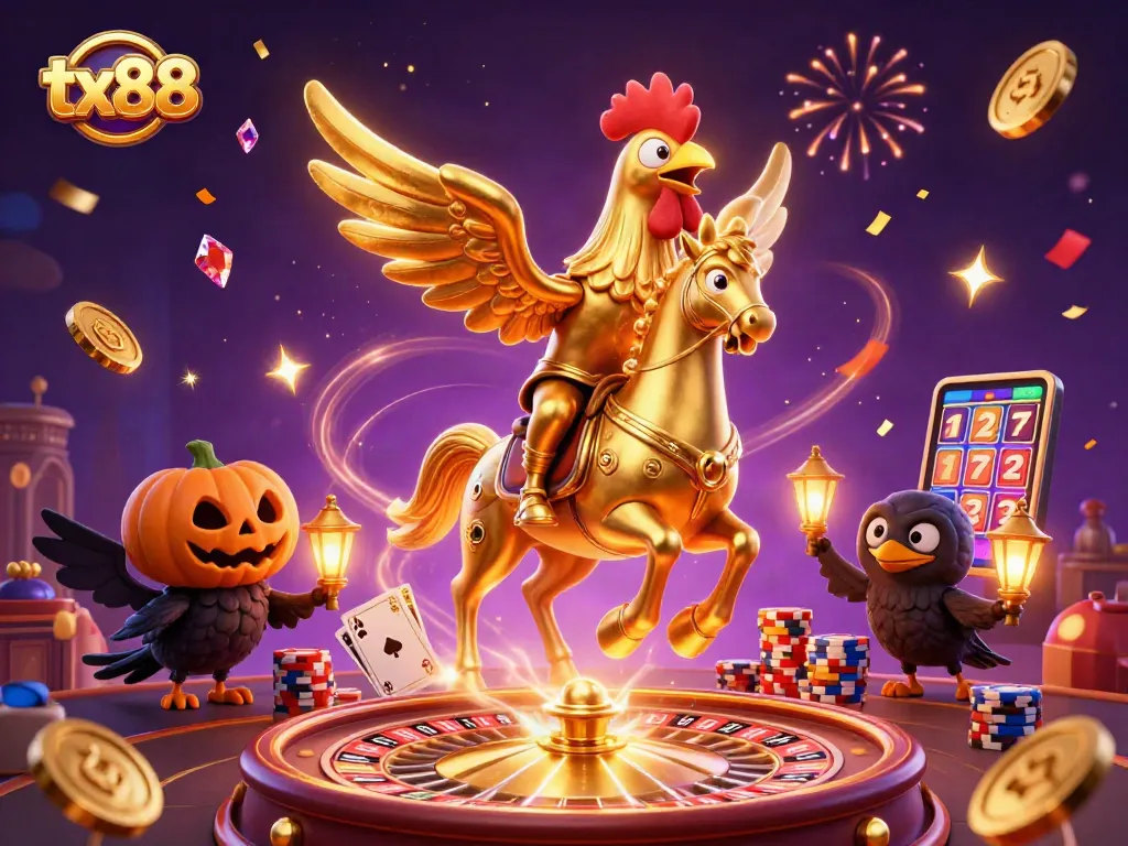Experience thrilling gaming action at tx88 with a golden rooster in a vibrant casino scene.