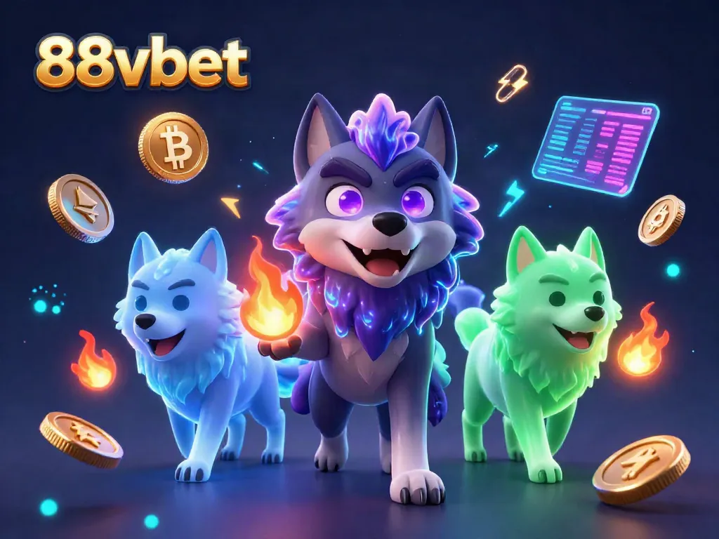 Engage in thrilling gaming at 88vbet with dynamic ghostly wolf characters and vibrant crypto elements.