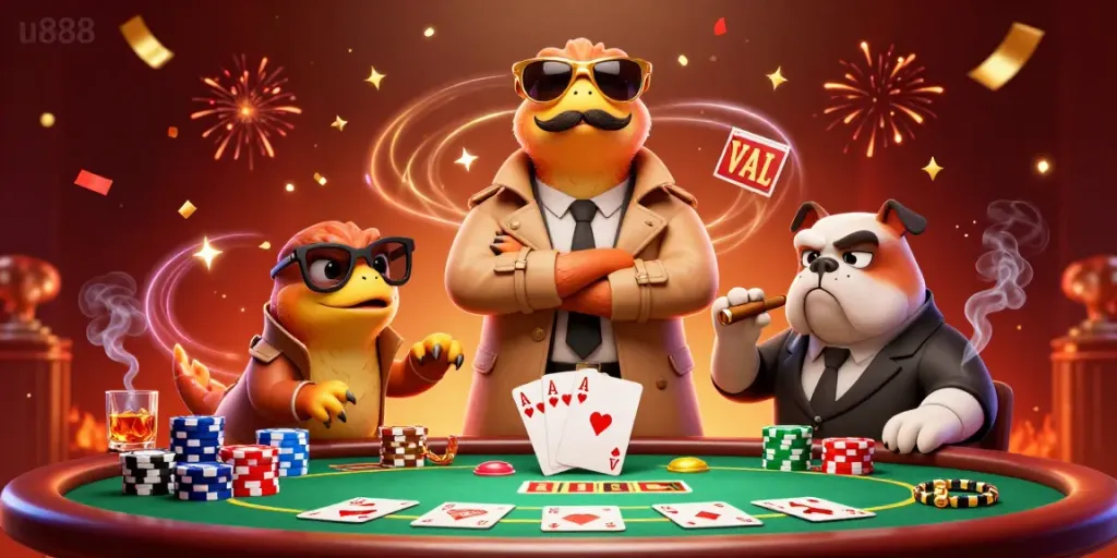 Experience the u888 VIP lounge with raptors in disguise and poker excitement.