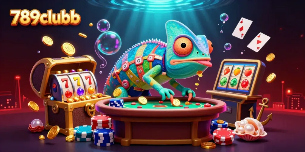 Experience the vibrant gameplay of 789clubb with a colorful chameleon casino owner, slot reels, and playful elements.