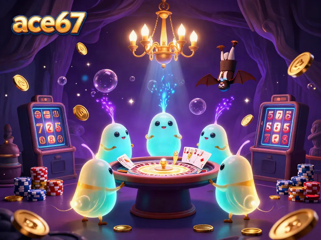 Experience the excitement of ace67's vibrant online casino with glowworms illuminating a dynamic cave casino scene.