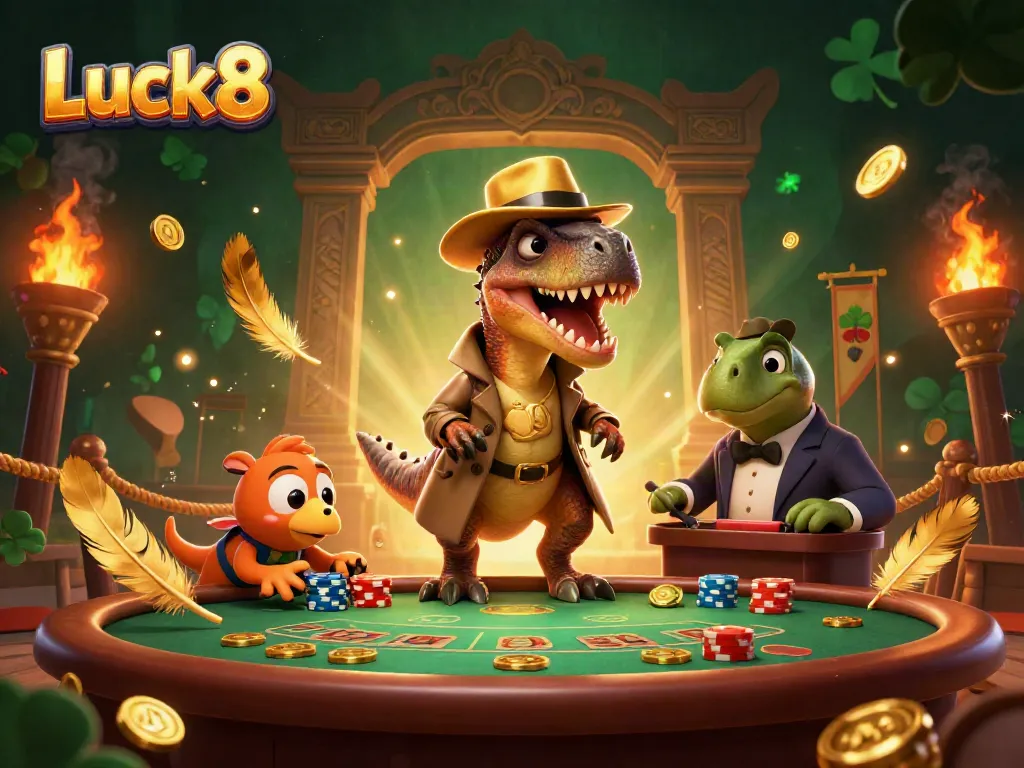 Experience the thrill at Luck8's casino scene with cartoon dinosaurs engaging in blackjack.