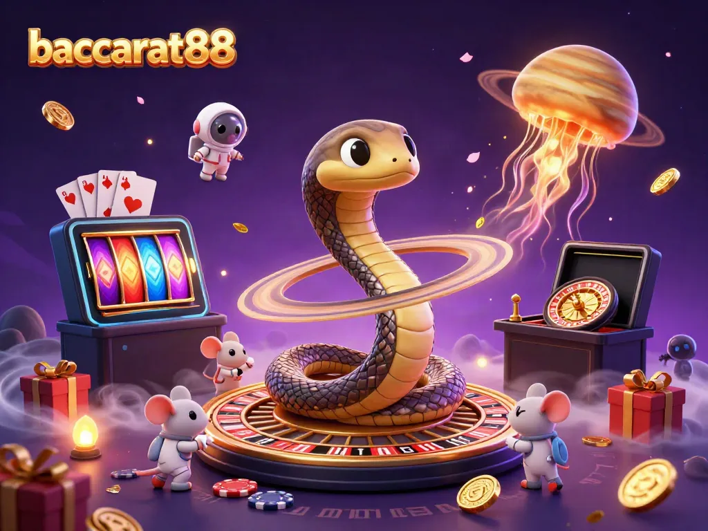 Baccarat88 showcases a cosmic baccarat scene featuring a roulette wheel snake and betting astronaut mice.