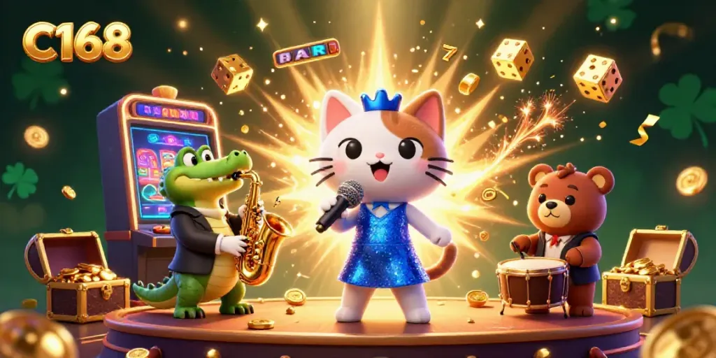 Experience the excitement of C168 with a lively casino scene featuring a jazz-singer cat, crocodile, and bear cub surrounded by dynamic game elements.